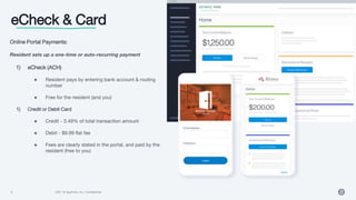 2021 © AppFolio, Inc. Confidential
9
eCheck & Card
Online Portal Payments:
Resident sets up a one-time or auto-recurring p...