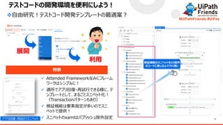 11
#UiPathFriends #UiFes
展開
利用
テストコードの開発環境を便利にしよう！
❖自由研究！テストコード開発テンプレートの最適案？
特徴
✓ Attended Frameworkなみにフレーム
ワークはシンプルに！
✓ 適所でアプリ回復・再試行できる様に、テ
ンプレートとして、まるごとスニペット化！
（Transactionパターンもあり）
✓ 検証機能は要素指定が多いのでスニ
ペットで提供！
✓ スニペットのxamlはパブリッシュ除外設定
検証機能のスニペットをUI操作
のコードに差し込んで行く感じ
アプリ回復・再試行スニペット
 