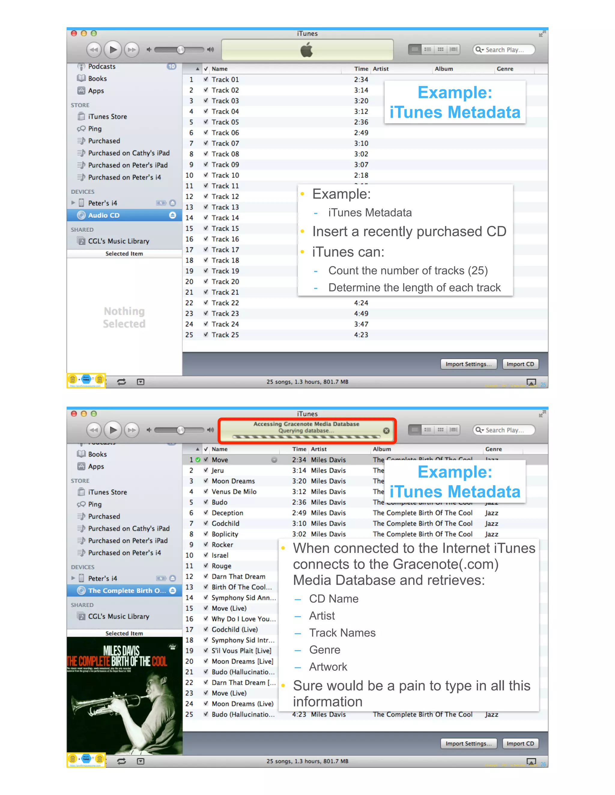 © Copyright 2021 by Peter Aiken Slide # 25
https://anythingawesome.com
• Example:
- iTunes Metadata
• Insert a recently purchased CD
• iTunes can:
- Count the number of tracks (25)
- Determine the length of each track
Example:
iTunes Metadata
https://plusanythingawesome.com
https://anythingawesome.com
© Copyright 2021 by Peter Aiken Slide # 26
https://anythingawesome.com
• When connected to the Internet iTunes
connects to the Gracenote(.com)
Media Database and retrieves:
– CD Name
– Artist
– Track Names
– Genre
– Artwork
• Sure would be a pain to type in all this
information
Example:
iTunes Metadata
https://plusanythingawesome.com
https://anythingawesome.com
 