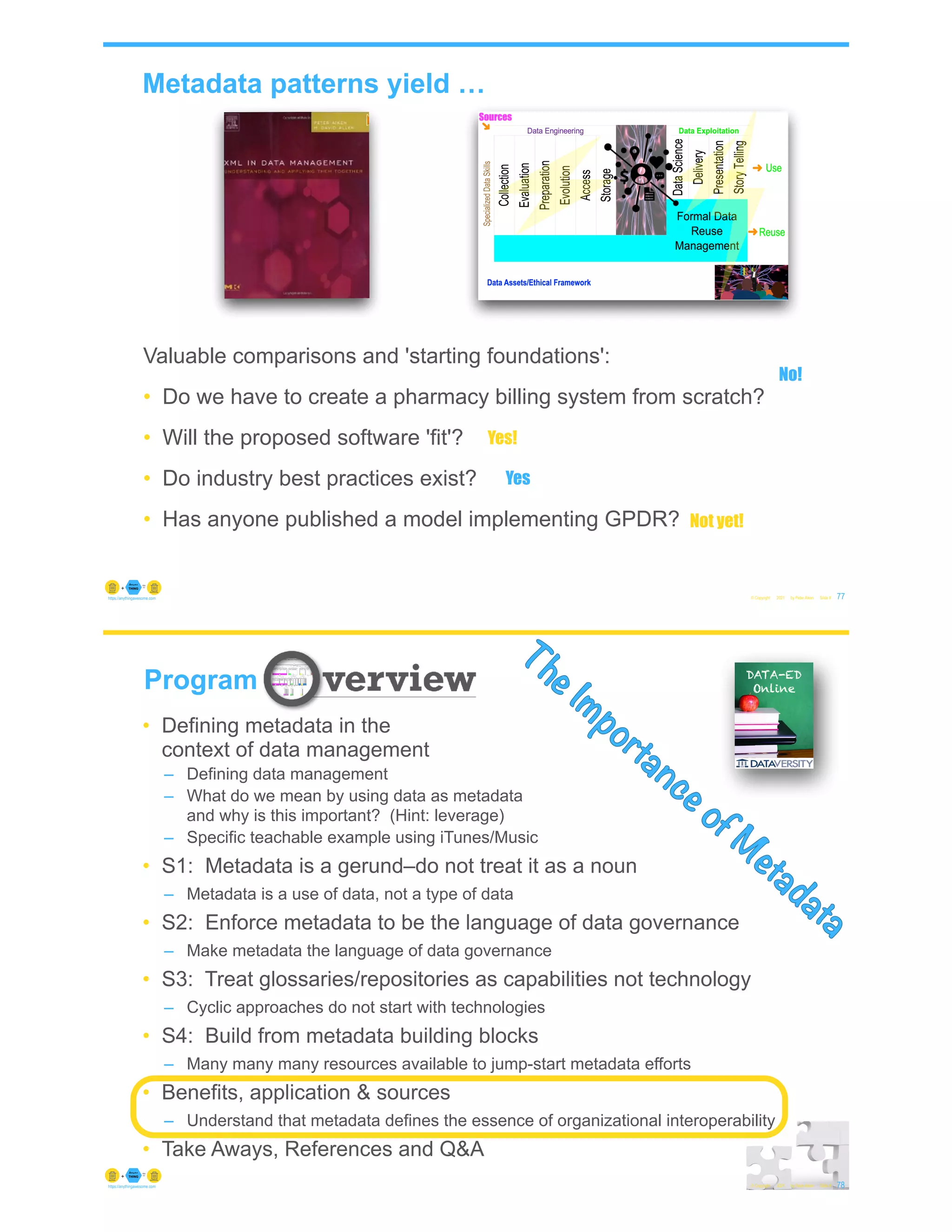 Metadata patterns yield …
© Copyright 2021 by Peter Aiken Slide # 77
https://anythingawesome.com
Valuable comparisons and 'starting foundations':
• Do we have to create a pharmacy billing system from scratch?
• Will the proposed software 'fit'?
• Do industry best practices exist?
• Has anyone published a model implementing GPDR?
No!
Yes!
Yes
Not yet!
78
© Copyright 2021 by Peter Aiken Slide #
Program
The Importance of M
etadata
• Defining metadata in the
context of data management
– Defining data management
– What do we mean by using data as metadata
and why is this important? (Hint: leverage)
– Specific teachable example using iTunes/Music
• S1: Metadata is a gerund–do not treat it as a noun
– Metadata is a use of data, not a type of data
• S2: Enforce metadata to be the language of data governance
– Make metadata the language of data governance
• S3: Treat glossaries/repositories as capabilities not technology
– Cyclic approaches do not start with technologies
• S4: Build from metadata building blocks
– Many many many resources available to jump-start metadata efforts
• Benefits, application & sources
– Understand that metadata defines the essence of organizational interoperability
• Take Aways, References and Q&A
https://anythingawesome.com
 