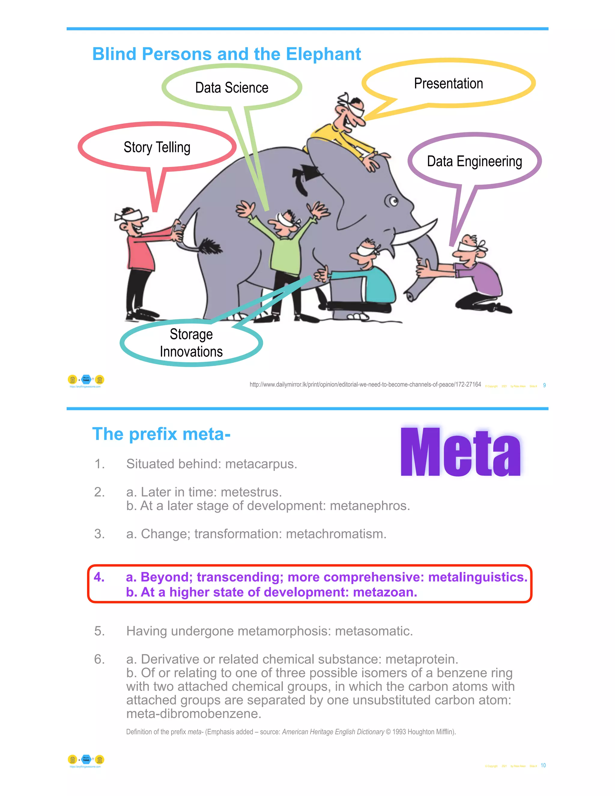 Blind Persons and the Elephant
© Copyright 2021 by Peter Aiken Slide # 9
https://anythingawesome.com http://www.dailymirror.lk/print/opinion/editorial-we-need-to-become-channels-of-peace/172-27164
Presentation
Data Engineering
Data Science
Story Telling
Storage
Innovations
The prefix meta-
1. Situated behind: metacarpus.
2. a. Later in time: metestrus.
b. At a later stage of development: metanephros.
3. a. Change; transformation: metachromatism.
b. Alternation: metagenesis.
4. a. Beyond; transcending; more comprehensive:
metalinguistics.
b. At a higher state of development: metazoan.
5. Having undergone metamorphosis: metasomatic.
6. a. Derivative or related chemical substance: metaprotein.
b. Of or relating to one of three possible isomers of a benzene ring
with two attached chemical groups, in which the carbon atoms with
attached groups are separated by one unsubstituted carbon atom:
meta-dibromobenzene.
Definition of the prefix meta- (Emphasis added – source: American Heritage English Dictionary © 1993 Houghton Mifflin).
© Copyright 2021 by Peter Aiken Slide #
Meta
10
https://anythingawesome.com
4. a. Beyond; transcending; more comprehensive: metalinguistics.
b. At a higher state of development: metazoan.
 