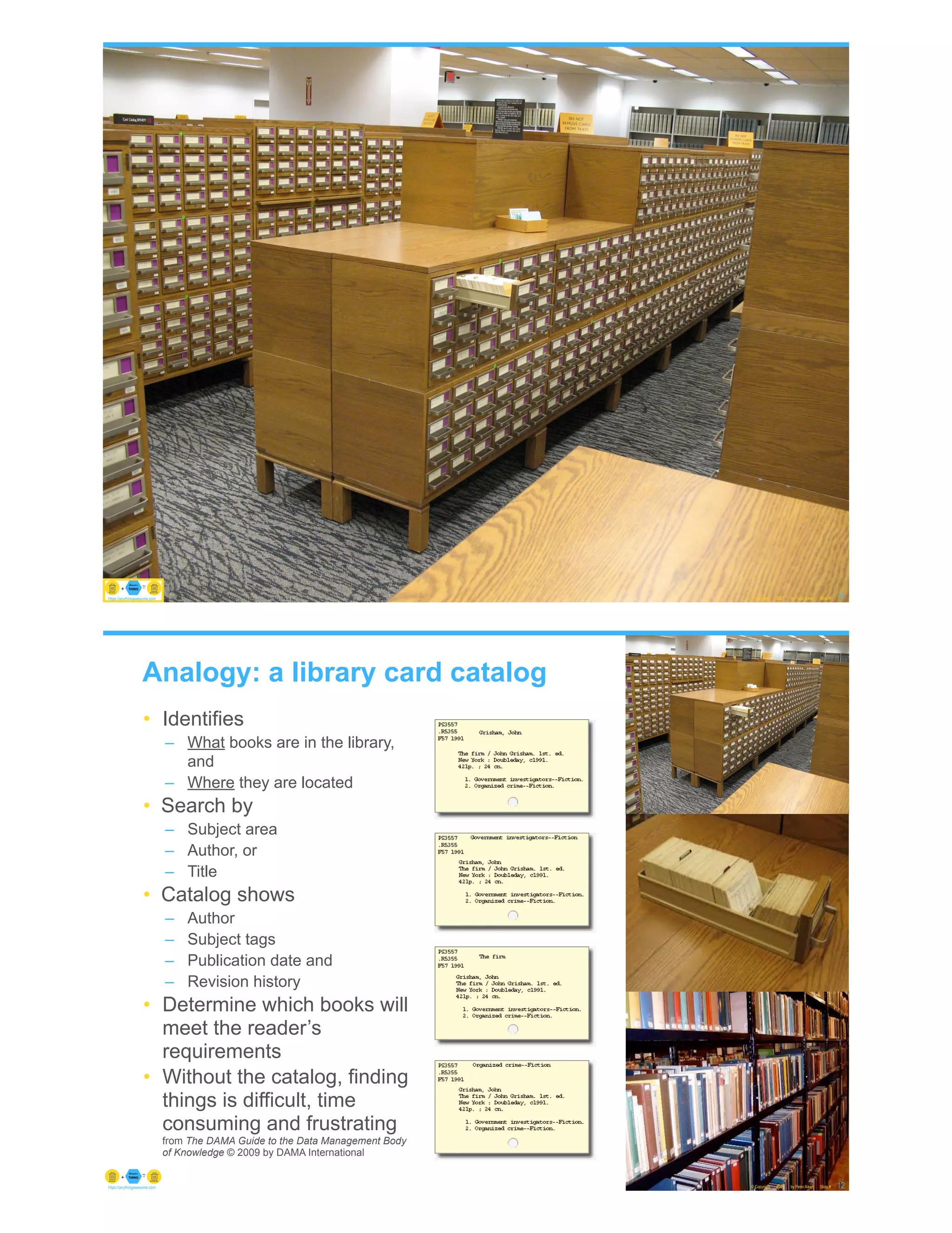 © Copyright 2021 by Peter Aiken Slide # 11
https://anythingawesome.com
https://plusanythingawesome.com
https://anythingawesome.com
Analogy: a library card catalog
© Copyright 2021 by Peter Aiken Slide # 12
https://anythingawesome.com
• Identifies
– What books are in the library,
and
– Where they are located
• Search by
– Subject area
– Author, or
– Title
• Catalog shows
– Author
– Subject tags
– Publication date and
– Revision history
• Determine which books will
meet the reader’s
requirements
• Without the catalog, finding
things is difficult, time
consuming and frustrating
from The DAMA Guide to the Data Management Body
of Knowledge © 2009 by DAMA International
 
