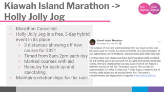 Kiawah Island Marathon ->
Holly Jolly Jog
▷ Marathon Cancelled
▷ Holly Jolly Jog is a free, 3-day hybrid
event in its plac...