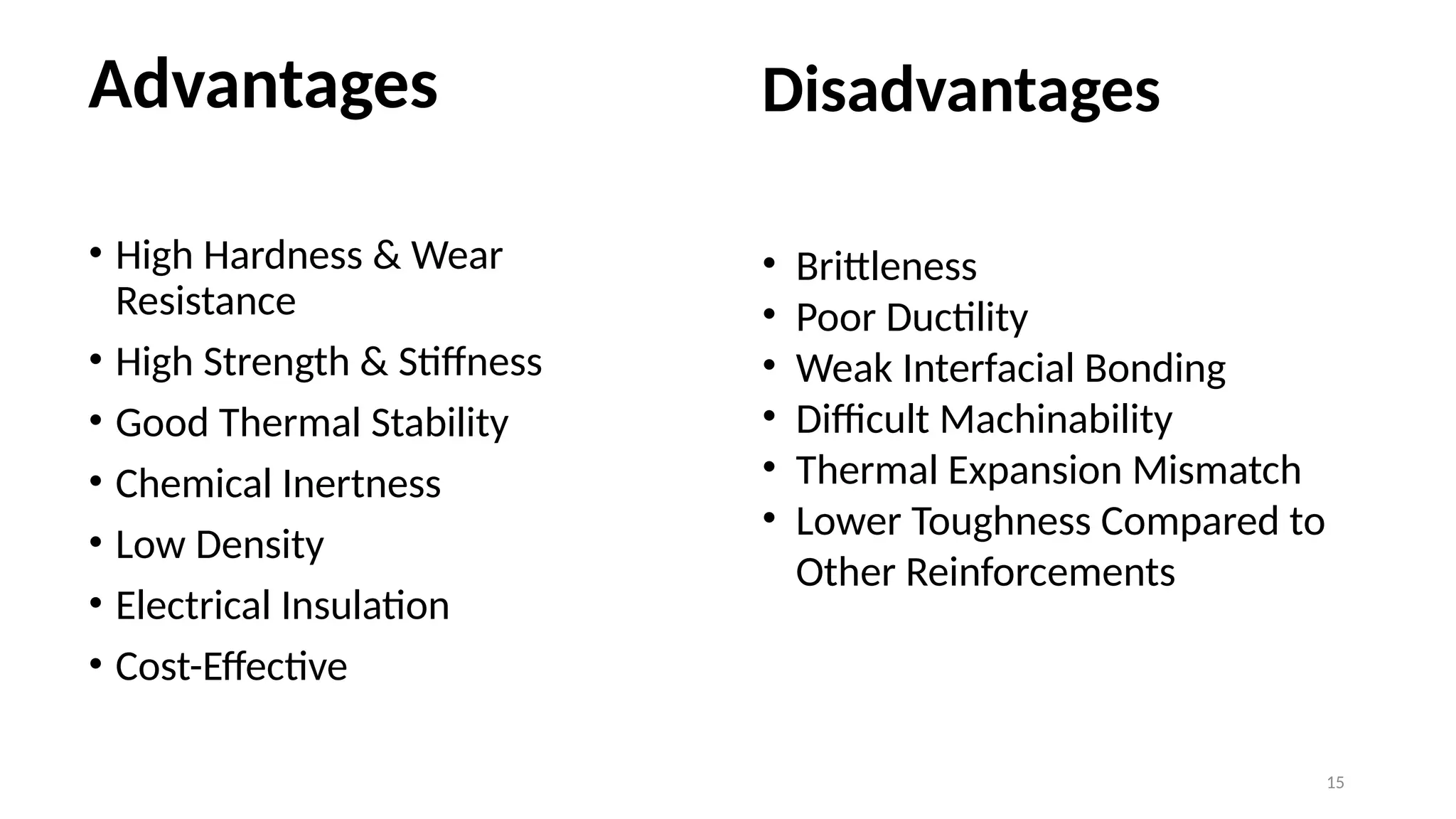 15
Advantages
• High Hardness & Wear
Resistance
• High Strength & Stiffness
• Good Thermal Stability
• Chemical Inertness
• Low Density
• Electrical Insulation
• Cost-Effective
Disadvantages
• Brittleness
• Poor Ductility
• Weak Interfacial Bonding
• Difficult Machinability
• Thermal Expansion Mismatch
• Lower Toughness Compared to
Other Reinforcements
 