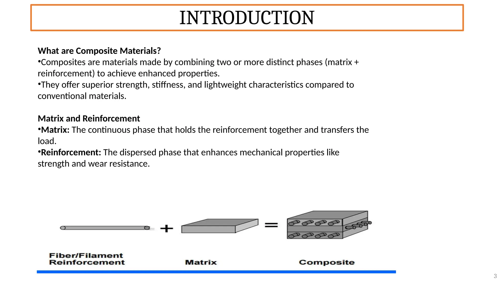 INTRODUCTION
3
What are Composite Materials?
•Composites are materials made by combining two or more distinct phases (matrix +
reinforcement) to achieve enhanced properties.
•They offer superior strength, stiffness, and lightweight characteristics compared to
conventional materials.
Matrix and Reinforcement
•Matrix: The continuous phase that holds the reinforcement together and transfers the
load.
•Reinforcement: The dispersed phase that enhances mechanical properties like
strength and wear resistance.
 