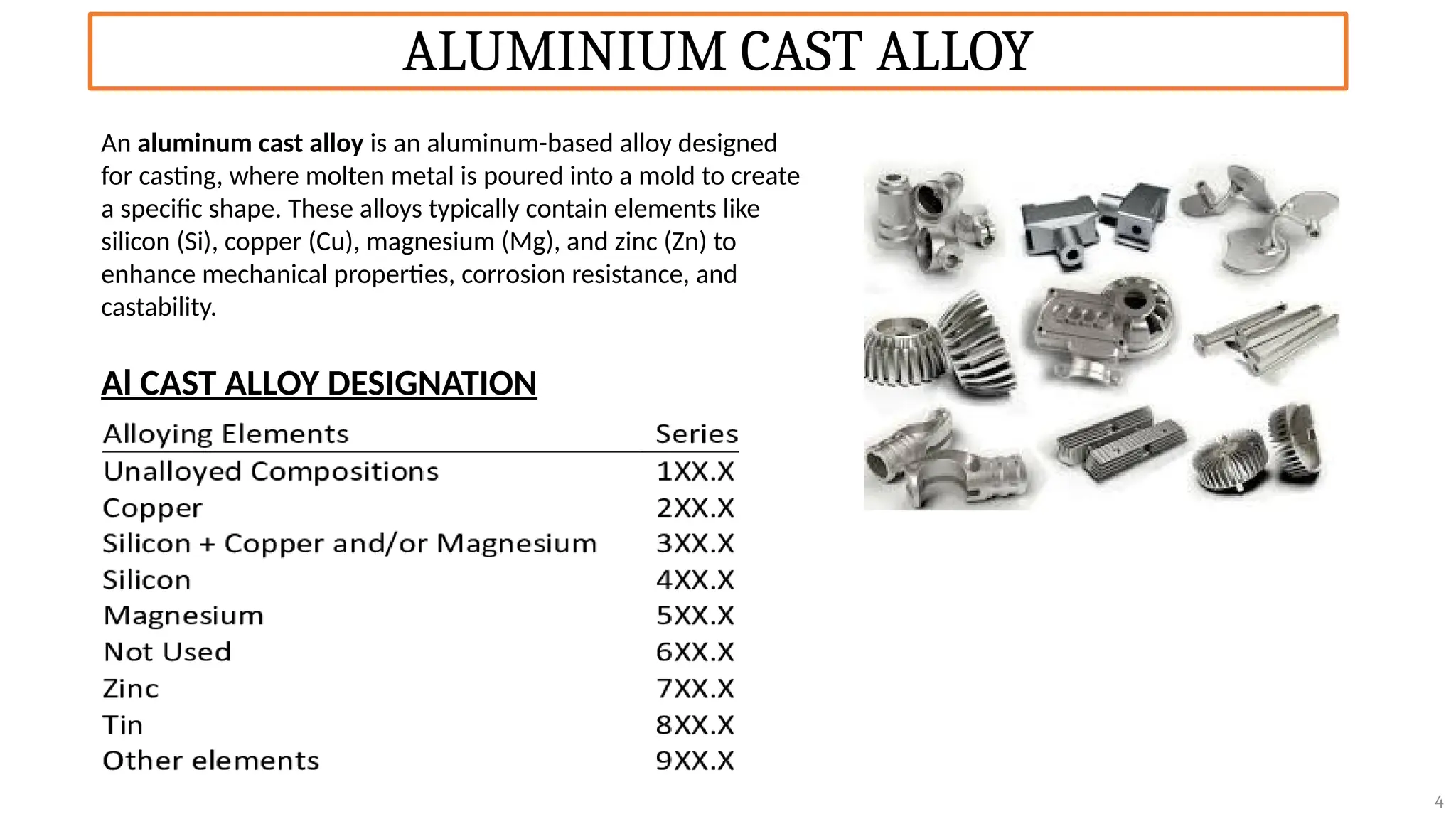 ALUMINIUM CAST ALLOY
4
An aluminum cast alloy is an aluminum-based alloy designed
for casting, where molten metal is poured into a mold to create
a specific shape. These alloys typically contain elements like
silicon (Si), copper (Cu), magnesium (Mg), and zinc (Zn) to
enhance mechanical properties, corrosion resistance, and
castability.
Al CAST ALLOY DESIGNATION
 