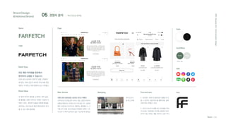 05 경쟁사 분석
Brand Design
&National Brand
2021
Hanyang
Univ.
Communication
Design
Team C4D
; 패션 편집샵 플랫폼
Online
Web, App
Offline
FARFETCH
모든 패션 아이템을 한곳에서
편리하게 쇼핑할 수 있습니다.
조세 네브스로부터 2007년 설립, 2008년
에 런칭. 세계 곳곳의 럭셔리 부티크를 연결
해주는 이커머스 마켓 플레이스로 시작했다.
Name
Logo
Brand Value
P. 하이엔드 브랜드와 콜라보한 제품을 만나
볼 수 있으며, 선물가이드를 통해 취향, 셀렉
션에 따라 선택할 수 있다.
C. MD가 하나의 주제를 잡고 아이템을 픽하
여 모아둔 기획전들이 전면에 내세워져 있어
유저가 평소 원하는 제품 위주의 느낌은 적다.
Page Color
On/Offline
SNS
Online Offline
브랜드와의 콜라보를 스토리로 만드는 파페치
이커머스와 테크놀로지 서비스 제공. 엄선된 럭셔리
상품을 제공하는 브라운스와 스타디움 굿즈, 글로벌
패션 브랜드를 지속적으로 개발하는 플랫폼인 뉴 가
즈를 모두 포함. 증강 현실을 리테일에 접목한 '스토
어 오브 더 퓨처' 솔루션과 같은 기술 혁신에 앞장섬.
전 세계 럭셔리 패션을 소개하는 런던 글로
벌 플랫폼. 유명 디자이너 브랜드 의류와 가
벼운 드레스, 편안한 신발을 비롯해 환경을
생각하는 지속가능한 패션 컬렉션까지 만나
볼 수 있는 패션 플랫폼.
Main Service Pros and cons
Marketing Icon
Brand Story
옥외 포스터
및 광고 진행
 