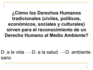 18
¿Cómo los Derechos Humanos
tradicionales (civiles, políticos,
económicos, sociales y culturales)
sirven para el reconocimiento de un
Derecho Humano al Medio Ambiente?
D. a la vida D. a la salud D. ambiente
sano
 
