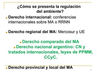 2
¿Cómo se presenta la regulación
del ambiente?
■ Derecho internacional: conferencias
internacionales sobre MA o RRNN
■ Derecho regional del MA: Mercosur y UE
■ Derecho comparado del MA
■ Derecho nacional argentino: CN y
tratados internacionales, leyes de PPMM,
CCyC.
■ Derecho provincial y local del MA
 