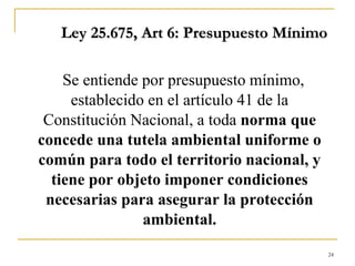 24
Ley 25.675, Art 6: Presupuesto Mínimo
Se entiende por presupuesto mínimo,
establecido en el artículo 41 de la
Constitución Nacional, a toda norma que
concede una tutela ambiental uniforme o
común para todo el territorio nacional, y
tiene por objeto imponer condiciones
necesarias para asegurar la protección
ambiental.
 