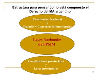 26
Estructura para pensar como está compuesto el
Derecho del MA argentino
Constitución Nacional
y
Tratados y Convenios internacionales
Leyes Nacionales
de PPMM
Constituciones provinciales
y
Leyes provinciales
 