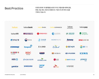 카카오엔터프라이즈회사소개서 38
BestPractice 다양한 분야에 1위 플랫폼을 보유한 카카오 계열사를 비롯해 금융,
유통, 건설, 제조, 의료 등 산업별 선도 기업과 견고한 파트너십을
구축하고 있습니다.
OURCOMPANY
 