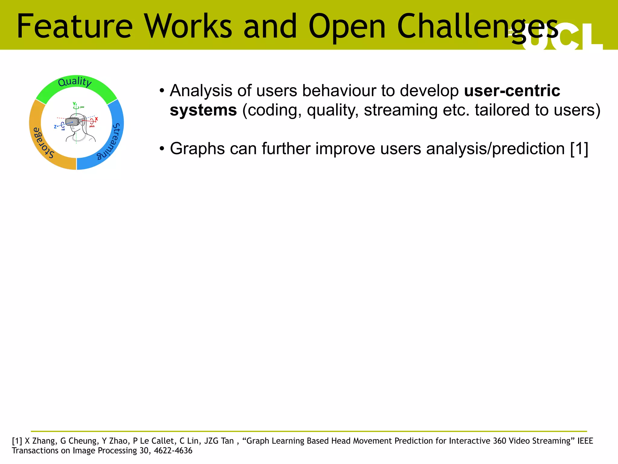 Feature Works and Open Challenges
• Analysis of users behaviour to develop user-centric
systems (coding, quality, streaming etc. tailored to users)
• Graphs can further improve users analysis/prediction [1]
	
[1] X Zhang, G Cheung, Y Zhao, P Le Callet, C Lin, JZG Tan , “Graph Learning Based Head Movement Prediction for Interactive 360 Video Streaming” IEEE
Transactions on Image Processing 30, 4622-4636
 