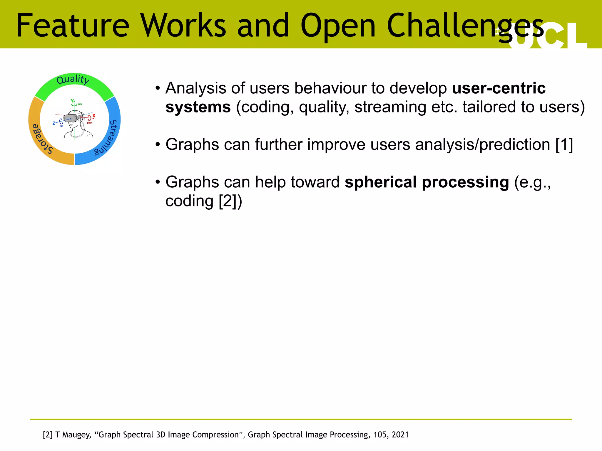Feature Works and Open Challenges
• Analysis of users behaviour to develop user-centric
systems (coding, quality, streaming etc. tailored to users)
• Graphs can further improve users analysis/prediction [1]
• Graphs can help toward spherical processing (e.g.,
coding [2])
[2] T Maugey, “Graph Spectral 3D Image Compression”, Graph Spectral Image Processing, 105, 2021
	
 