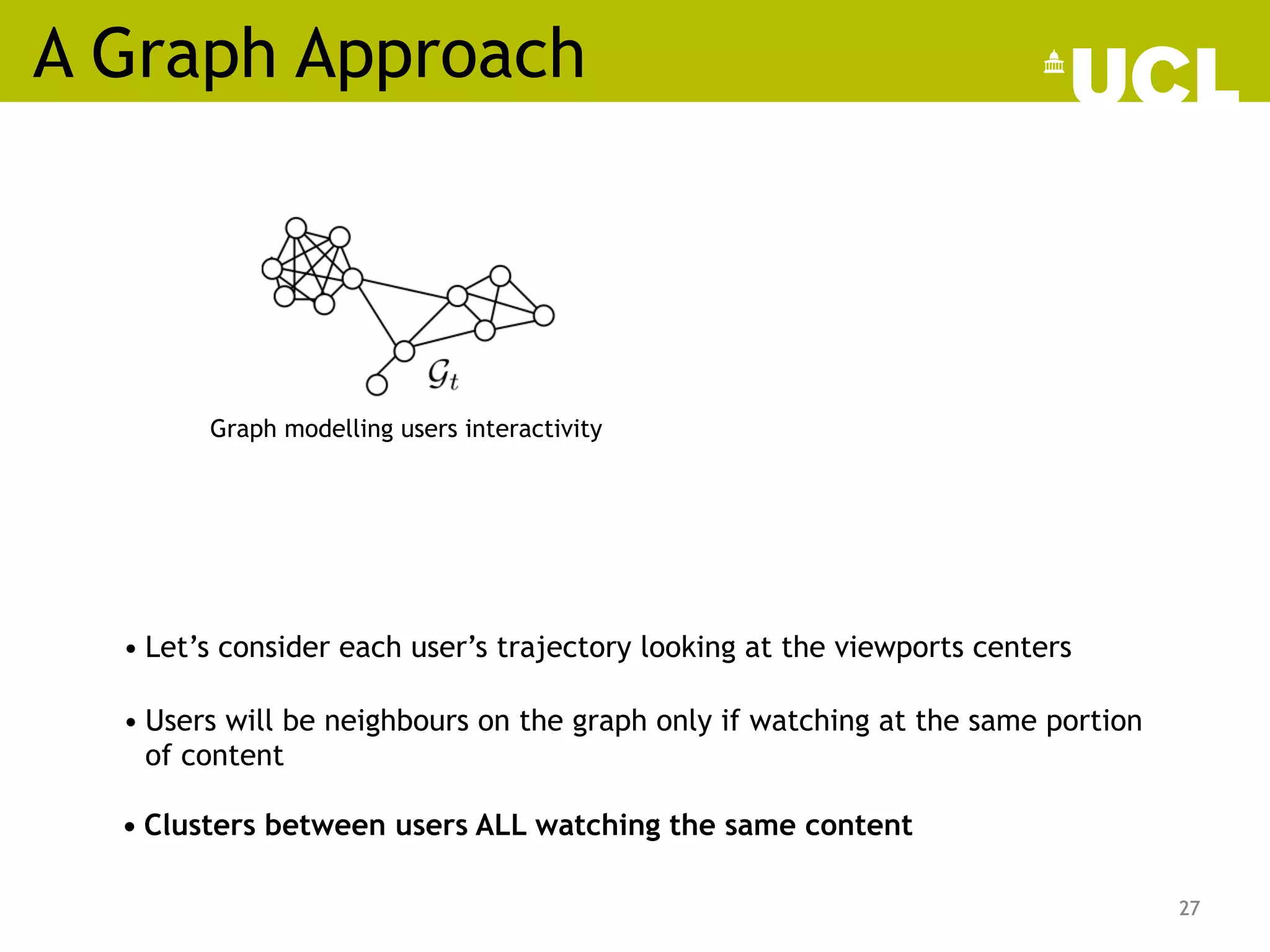 A Graph Approach
27
• Let’s consider each user’s trajectory looking at the viewports centers
27
• Users will be neighbours on the graph only if watching at the same portion
of content
0
25
50
75
100
%
viewport
overlap
50
75
100
ewport
overlap
Fig. 4. Graphical example of the proposed clique clustering.
Algorithm 1 Clique-Based Clustering
Input: {Gt}T
t=1, D
Output: K,Q
Q
Q = [Q1, ..., QK ]
Init: i = 1, A(1)
= ID(
P
t Wt),Q
Q
Q = [{;}, . . . , {;}]
repeat
C
C
C = [C1, ..., CL] KB(A(i)
)
l?
= arg maxl |Cl|
Graph modelling users interactivity
• Clusters between users ALL watching the same content
 