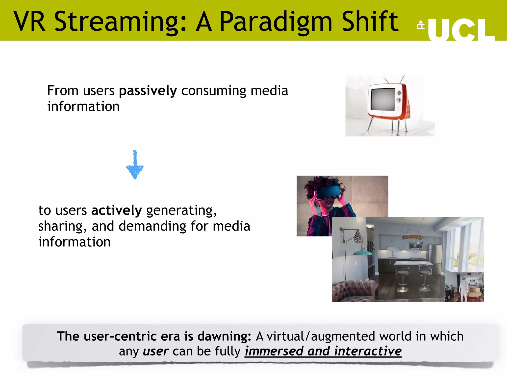VR Streaming: A Paradigm Shift
From users passively consuming media
information
to users actively generating,
sharing, and demanding for media
information
The user-centric era is dawning: A virtual/augmented world in which
any user can be fully immersed and interactive
 