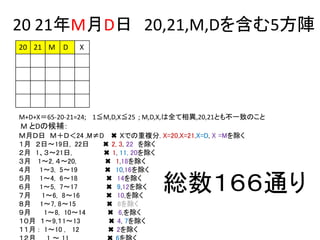 20 21年M月D日 20,21,M,Dを含む5方陣
M+D+X＝65-20-21=24; 1≦M,D,X≦25 ; M,D,X,は全て相異,20,21とも不一致のこと
M とDの候補：
Ｍ月Ｄ日 Ｍ＋Ｄ＜24 ,M≠D ✖ Ｘでの重複分, X=20,X=21,X=D, X =Mを除く
１月 ２日～19日, 22日 ✖ 2, 3, 22 を除く
２月 1、３～21日, ✖ 1, 11, 20を除く
３月 1～2, ４～20, ✖ 1,18を除く
４月 1～3, 5～19 ✖ 10,16を除く
５月 1～4, 6～18 ✖ 14を除く
６月 1～5, 7～17 ✖ 9,12を除く
７月 1～6, 8～16 ✖ 10,を除く
８月 1～7, 8～15 ✖ 8を除く
９月 1～8, 10～14 ✖ 6,を除く
１０月 １～9,１1～13 ✖ 4, 7を除く
１１月 : 1～10 , 12 ✖ 2を除く
20 21 M D X
総数１６６通り
 