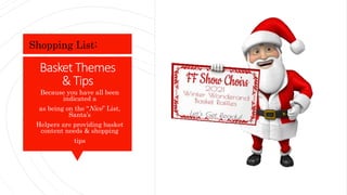 Basket Themes
&Tips
Because you have all been
indicated a
as being on the “Nice” List,
Santa’s
Helpers are providing basket
content needs & shopping
tips
Shopping List:
 