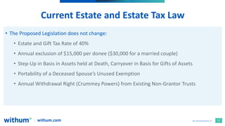 17
2021 WithumSmith+Brown, PC
Current Estate and Estate Tax Law
• The Proposed Legislation does not change:
• Estate and G...
