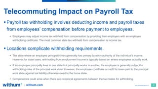 46
2021 WithumSmith+Brown, PC
 Payroll tax withholding involves deducting income and payroll taxes
from employees’ compen...