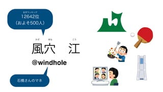 風穴 江
かざ あな こう
名字ランキング
12642位
（およそ500人）
@windhole
石橋さんのマネ
 