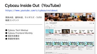 Cybozu Inside Out（YouTube）
https://www.youtube.com/c/cybozuinsideout
開発本部、運用本部、サイボウズ・ラボの
動画コンテンツ
● Cybozu Tech Meetup
● Cybozu Frontend Monthly
● 暗認本読書会
● 開運研修資料
 