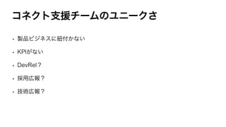 コネクト支援チームのユニークさ
• 製品ビジネスに紐付かない
• KPIがない
• DevRel？
• 採用広報？
• 技術広報？
 