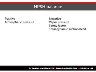 NPSH balance
Positive
Atmospheric pressure
Negative
Vapor pressure
Safety factor
Total dynamic suction head
 