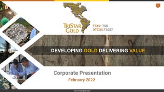 1
TSXV: TSG
OTCQX:TSGZF
DEVELOPING GOLD DELIVERING VALUE
Corporate Presentation
February 2022
www.tristargold.com
 