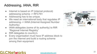 www.glcnetworks.com
Addressing, IANA, RIR
● Internet is based on IP (internet protocol)
addressing scheme -> RFC791
● Addressing has to be unique.
● We need an international body that regulates IP
addressing -> IANA (Internet Assigned Number
Authority)
● IANA delegates (some of its authority) to RIR
“Regional Internet Registry”
● RIR delegates to country’s
● Every organisation must have IP address block to
join the internet and build a routing scheme
among their equipment
22
 