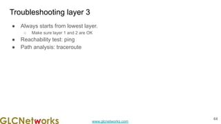 www.glcnetworks.com
Troubleshooting layer 3
● Always starts from lowest layer.
○ Make sure layer 1 and 2 are OK
● Reachability test: ping
● Path analysis: traceroute
44
 