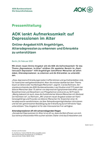 Pressemitteilung des AOK-Bundesverbandes vom 24. Februar 2022: AOK lenkt Aufmerksamkeit auf Depressionen im Alter