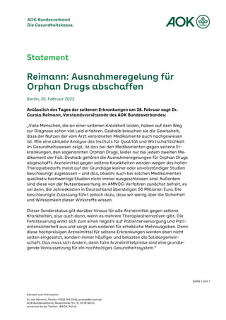 Pressestatement des AOK-Bundesverbandes vom 25. Februar 2022: Reimann: Ausnahmeregelung für Orphan Drugs abschaffen 