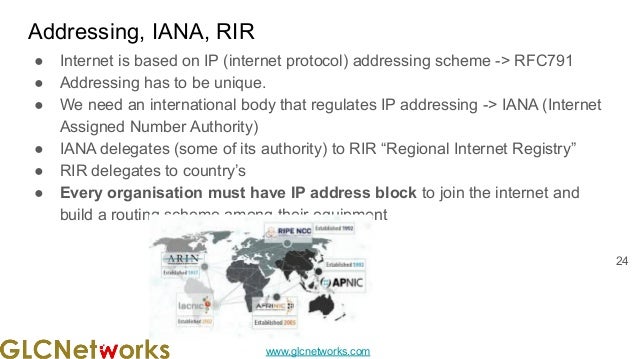 www.glcnetworks.com
Addressing, IANA, RIR
● Internet is based on IP (internet protocol) addressing scheme -> RFC791
● Addressing has to be unique.
● We need an international body that regulates IP addressing -> IANA (Internet
Assigned Number Authority)
● IANA delegates (some of its authority) to RIR “Regional Internet Registry”
● RIR delegates to country’s
● Every organisation must have IP address block to join the internet and
build a routing scheme among their equipment
24
 