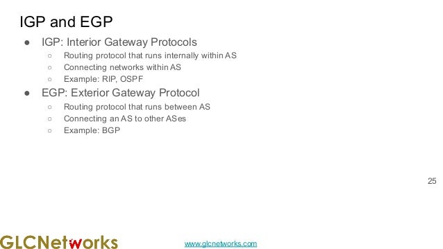 www.glcnetworks.com
IGP and EGP
● IGP: Interior Gateway Protocols
○ Routing protocol that runs internally within AS
○ Connecting networks within AS
○ Example: RIP, OSPF
● EGP: Exterior Gateway Protocol
○ Routing protocol that runs between AS
○ Connecting an AS to other ASes
○ Example: BGP
25
 