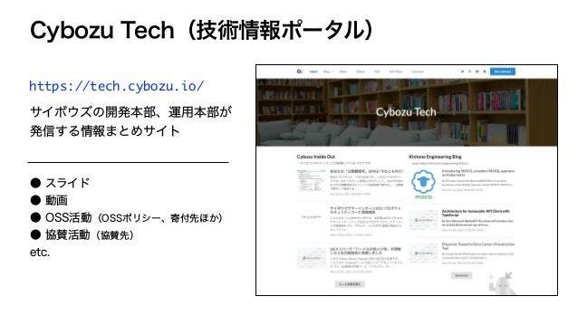 Cybozu Tech（技術情報ポータル）
https://tech.cybozu.io/
サイボウズの開発本部、運用本部が
発信する情報まとめサイト
● スライド
● 動画
● OSS活動（OSSポリシー、寄付先ほか）
● 協賛活動（協賛先）
etc.
 