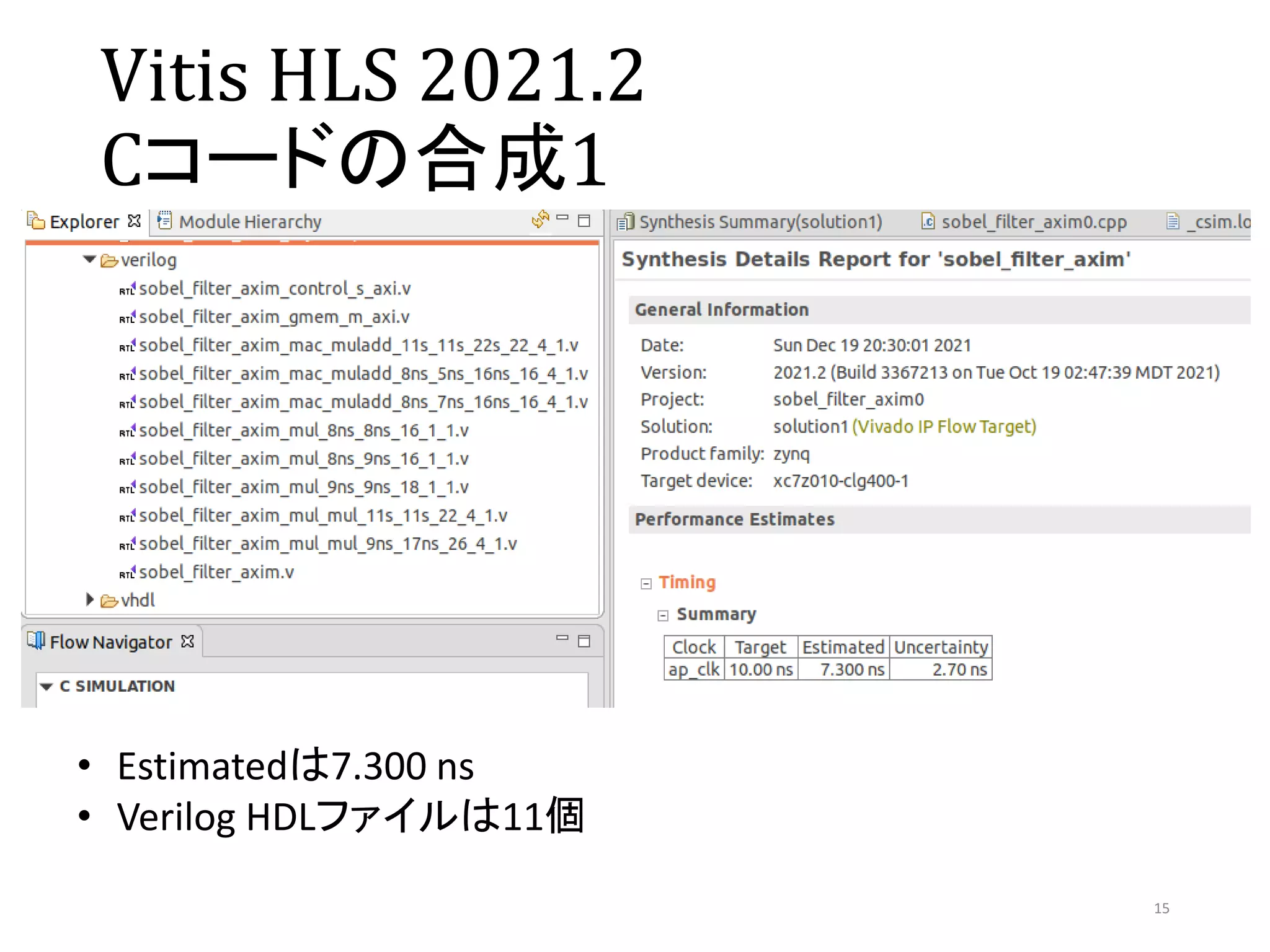 Vitis HLS 2021.2
Cコードの合成1
15
• Estimatedは7.300 ns
• Verilog HDLファイルは11個
 