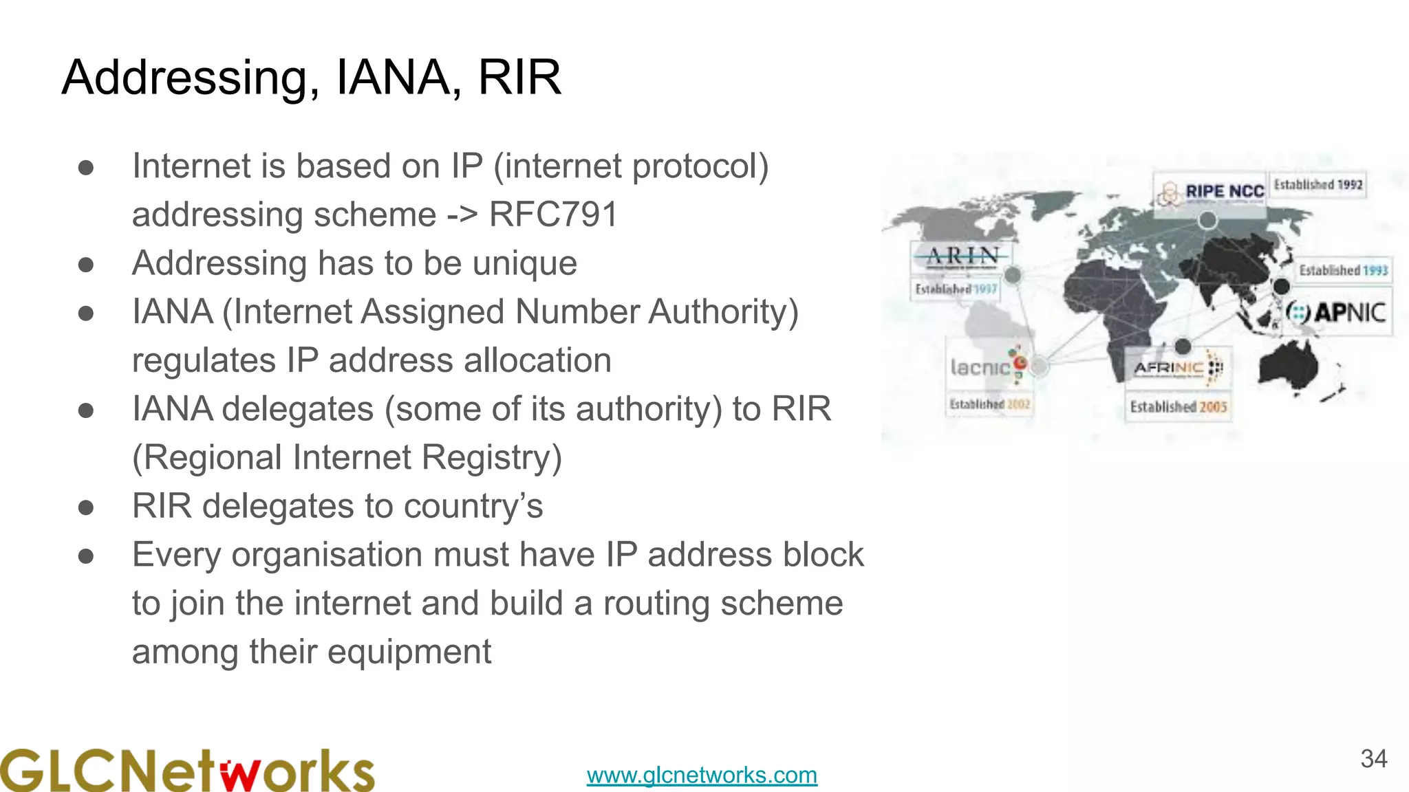 www.glcnetworks.com
Addressing, IANA, RIR
● Internet is based on IP (internet protocol)
addressing scheme -> RFC791
● Addressing has to be unique
● IANA (Internet Assigned Number Authority)
regulates IP address allocation
● IANA delegates (some of its authority) to RIR
(Regional Internet Registry)
● RIR delegates to country’s
● Every organisation must have IP address block
to join the internet and build a routing scheme
among their equipment
34
 