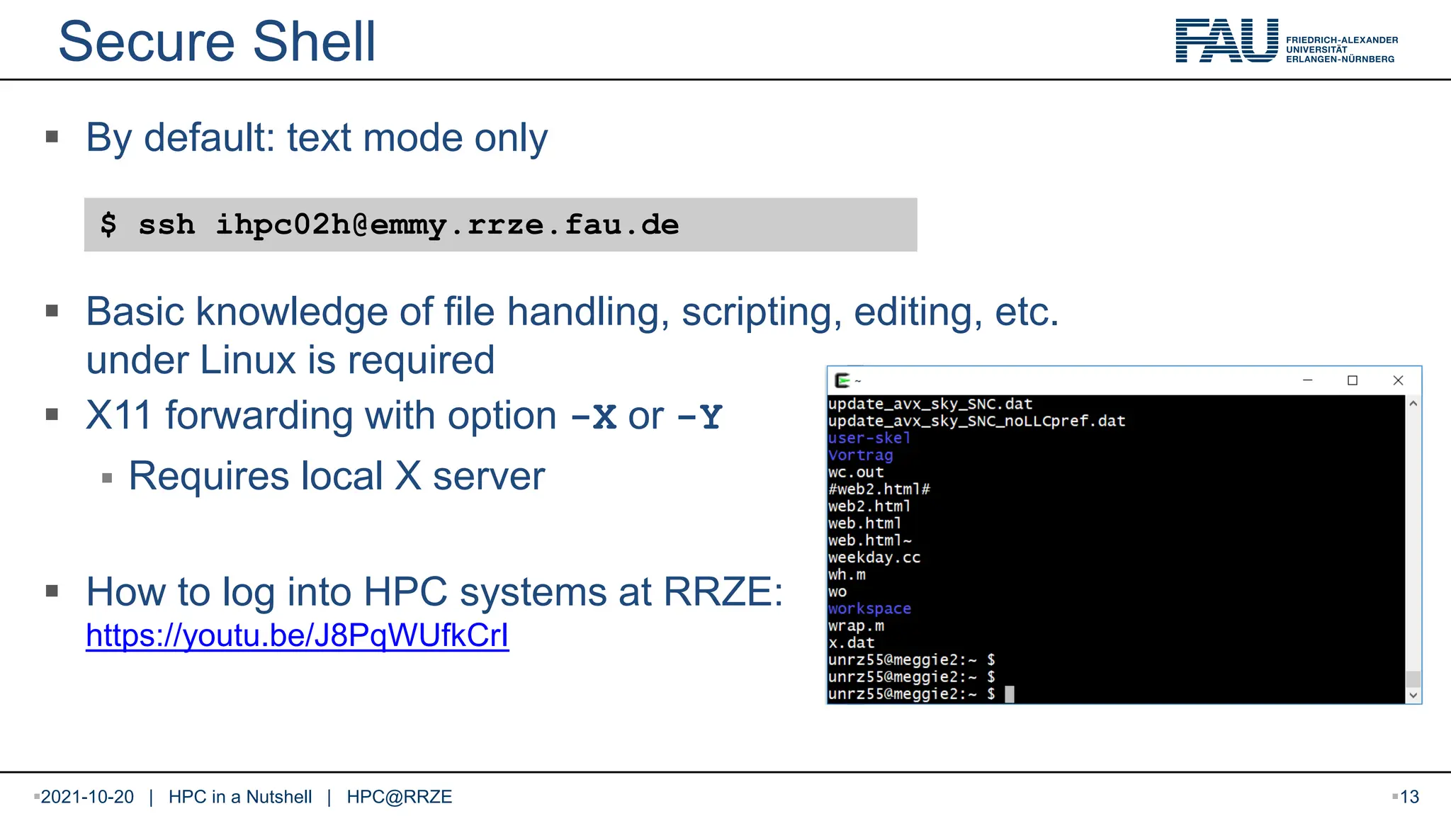 Secure Shell  By default: text mode only  Basic knowledge of file handling, scripting, editing, etc. under Linux is required  X11 forwarding with option -X or -Y  Requires local X server  How to log into HPC systems at RRZE: https://youtu.be/J8PqWUfkCrI $ ssh ihpc02h@emmy.rrze.fau.de 2021-10-20 | HPC in a Nutshell | HPC@RRZE 13 