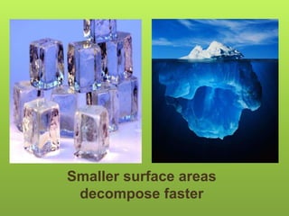 Smaller surface areas
decompose faster
 
