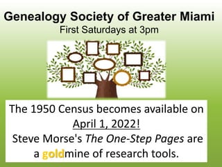 The 1950 Census becomes available on
April 1, 2022!
Steve Morse's The One-Step Pages are
a goldmine of research tools.
Genealogy Society of Greater Miami
First Saturdays at 3pm
 