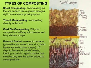 Sheet Composting Top-dressing on
the soil surface like a garden lasagna
right onto a future growing space.
Trench Composting - composting
directly in the soil
Cold Bin Composting Fill your
compost bin halfway with browns and
bury kitchen scraps
Bokashi Bucket anaerobic bacteria
(grass-like inoculated bran, rice, dried
leaves sprinkled over scraps). 10
days to ferment & “pickle” waste,
forming an acidic organic matter that
must be dug into the soil or added to
a compost pile.
TYPES OF COMPOSTING
 