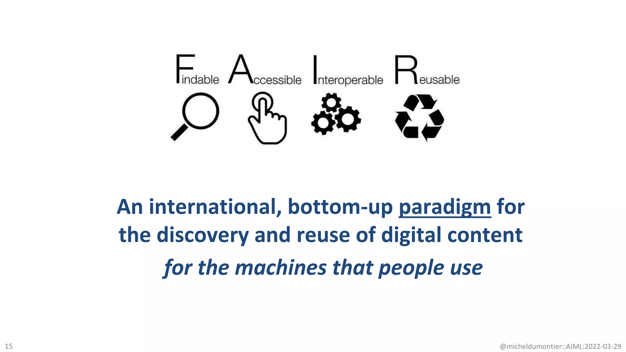 An international, bottom-up paradigm for
the discovery and reuse of digital content
for the machines that people use
@micheldumontier::AIML:2022-03-29
15
 