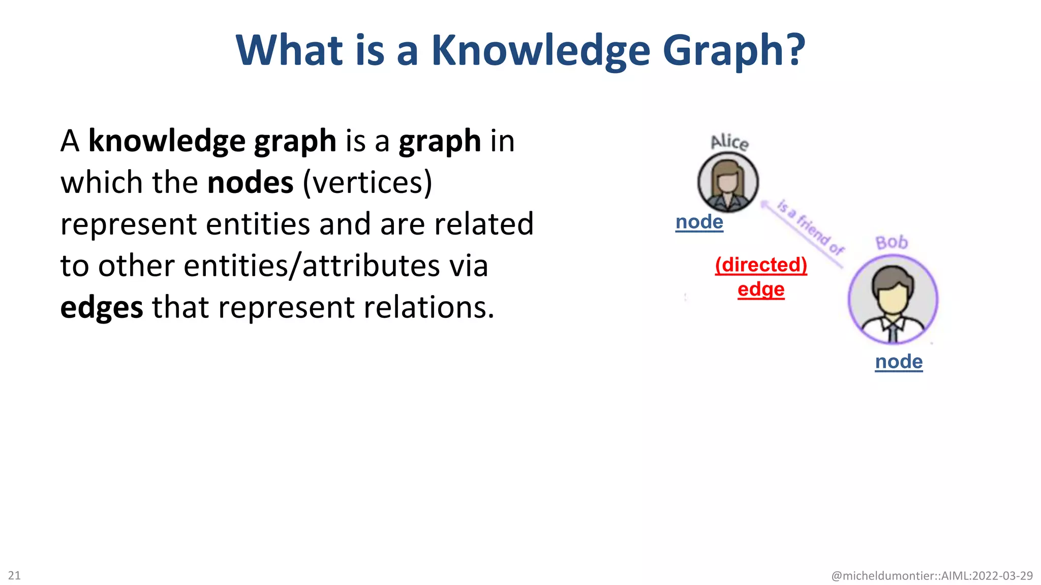 What is a Knowledge Graph?
A knowledge graph is a graph in
which the nodes (vertices)
represent entities and are related
to other entities/attributes via
edges that represent relations.
@micheldumontier::AIML:2022-03-29
21
node
(directed)
edge
node
 