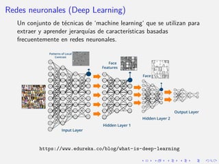 Redes neuronales (Deep Learning)
Un conjunto de técnicas de ‘machine learning‘ que se utilizan para
extraer y aprender je...