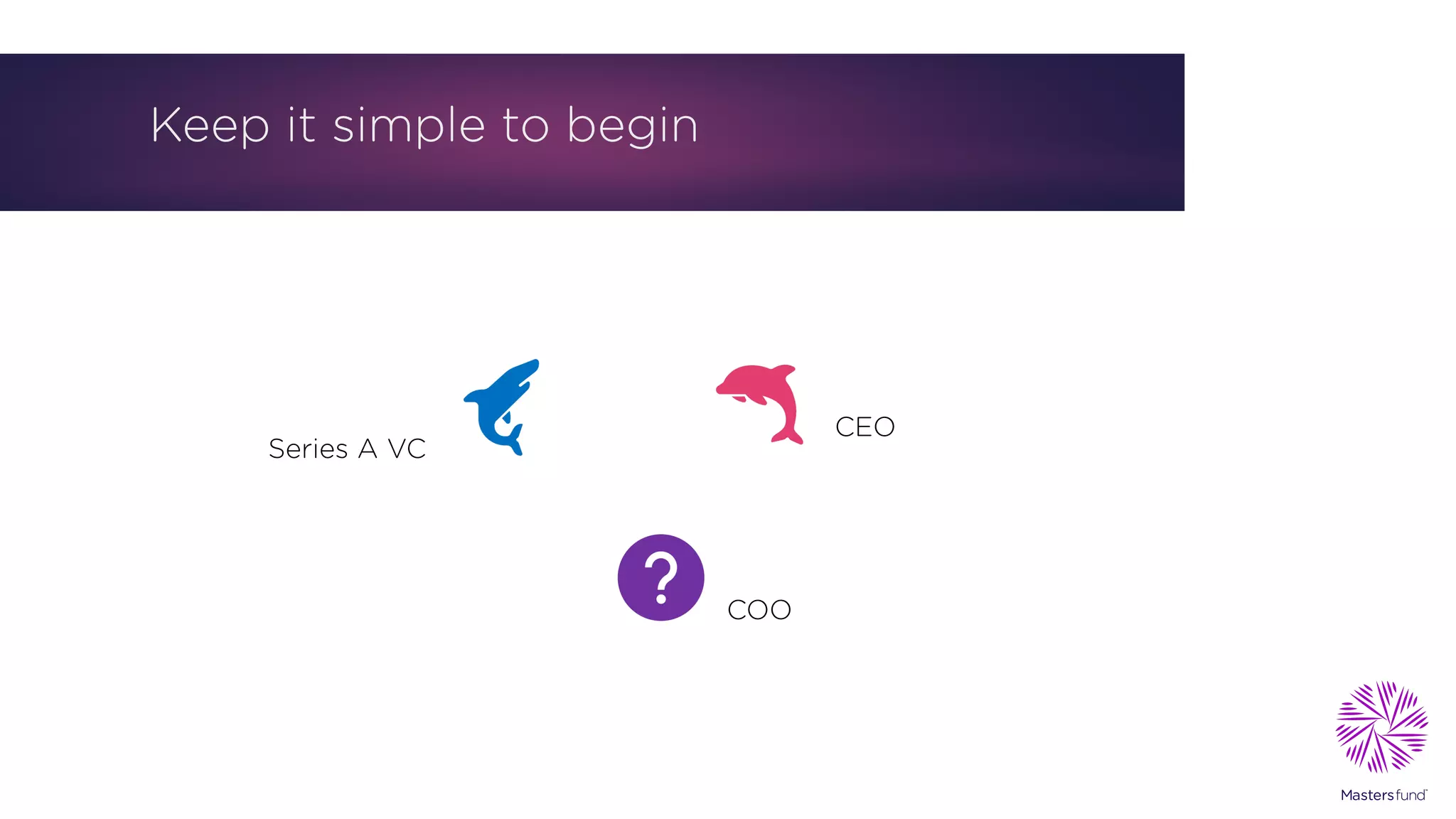 Keep it simple to begin
CEO
COO
Series A VC
 