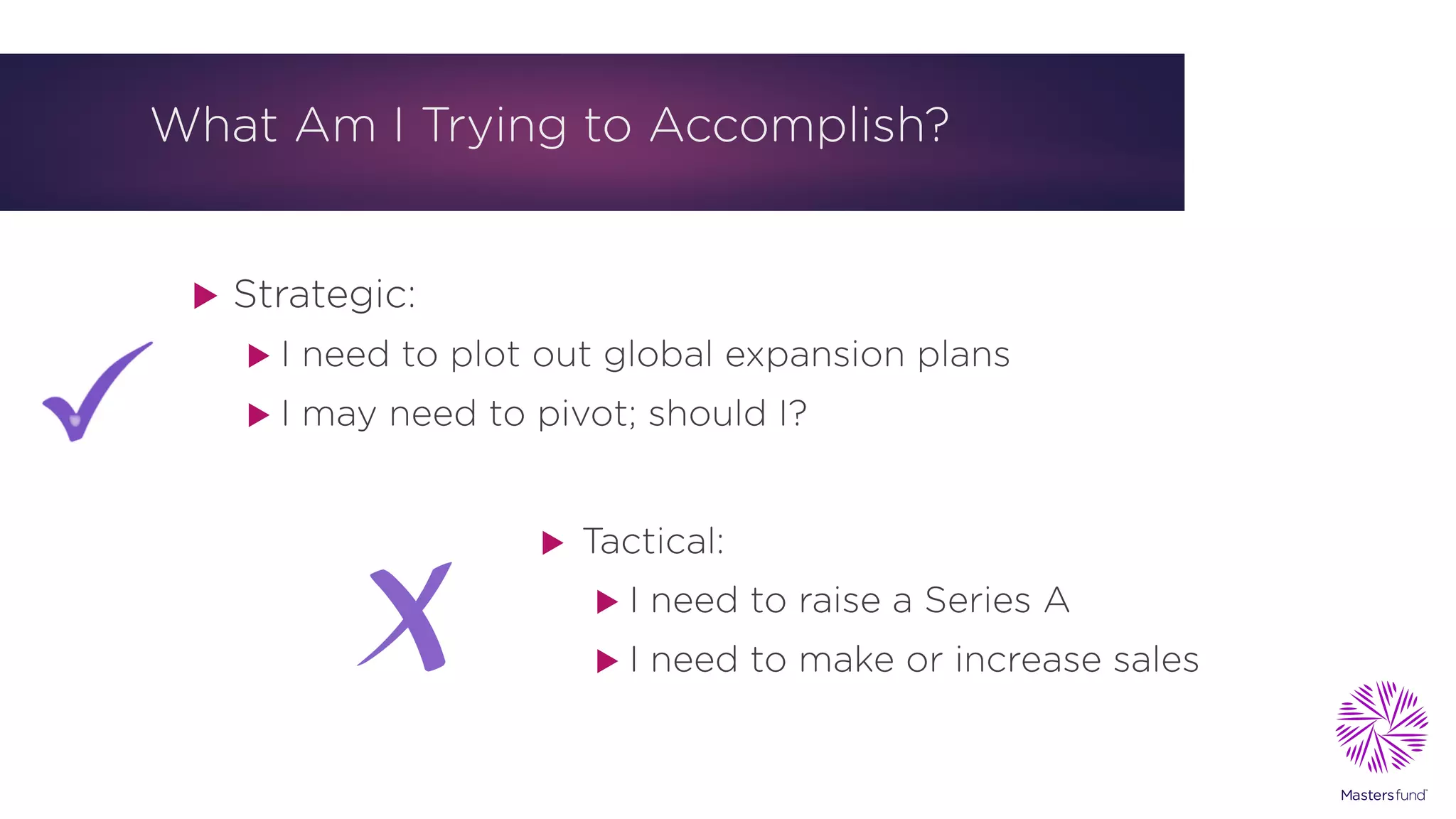 What Am I Trying to Accomplish?
u Strategic:
u I need to plot out global expansion plans
u I may need to pivot; should I?
u Tactical:
u I need to raise a Series A
u I need to make or increase sales
 