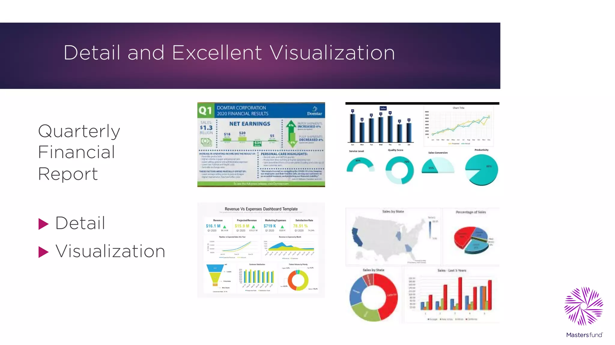 Detail and Excellent Visualization
Quarterly
Financial
Report
u Detail
u Visualization
 