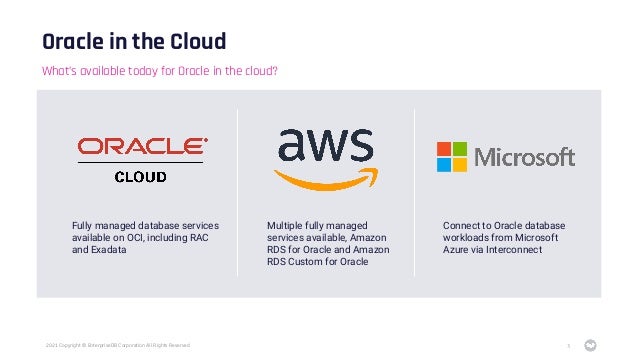 2021 Copyright © EnterpriseDB Corporation All Rights Reserved
Oracle in the Cloud
3
What’s available today for Oracle in the cloud?
Fully managed database services
available on OCI, including RAC
and Exadata
Multiple fully managed
services available, Amazon
RDS for Oracle and Amazon
RDS Custom for Oracle
Connect to Oracle database
workloads from Microsoft
Azure via Interconnect
 