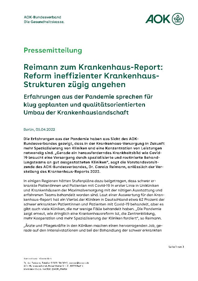 Pressemitteilung des AOK-Bundesverbandes vom 5. April 2022: Reimann zum Krankenhaus-Report: Reform ineffizienter Krankenhaus-Strukturen zügig angehen